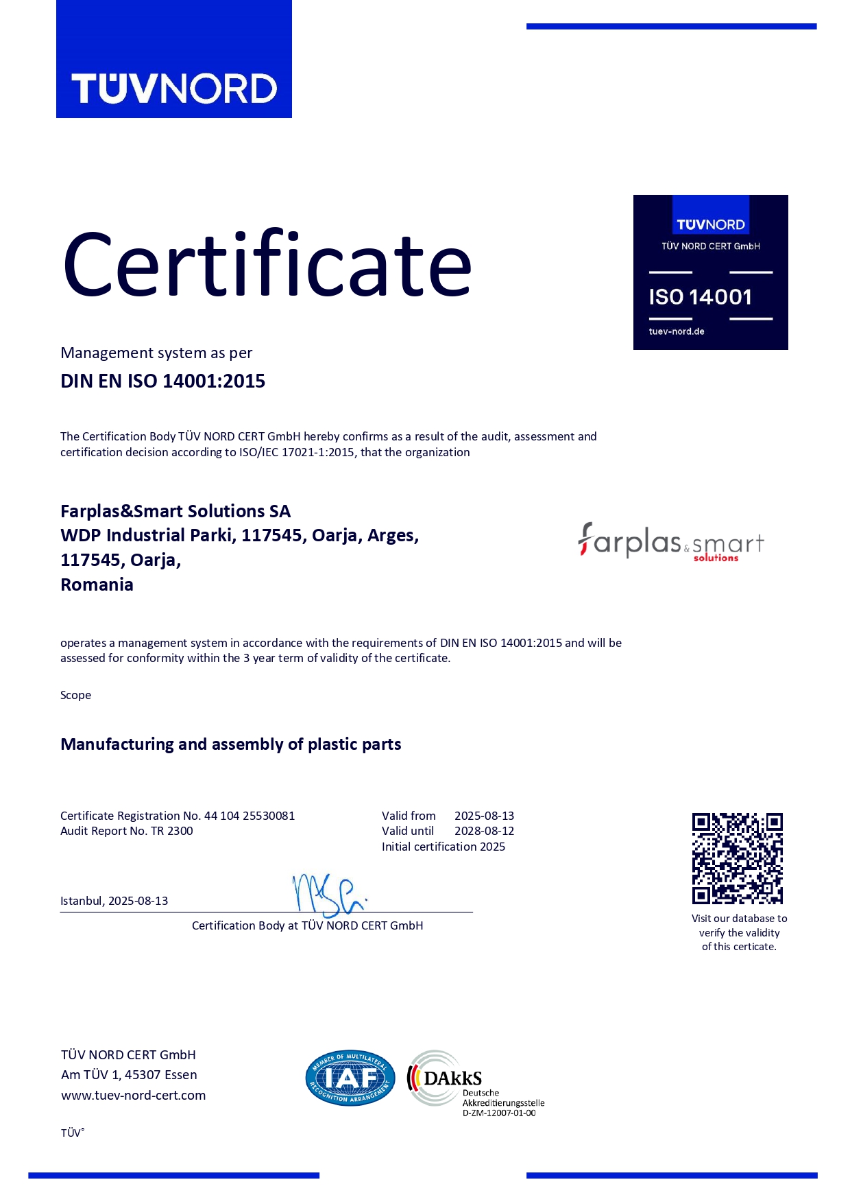 ISO 14001 Romania (Oarja Plant)